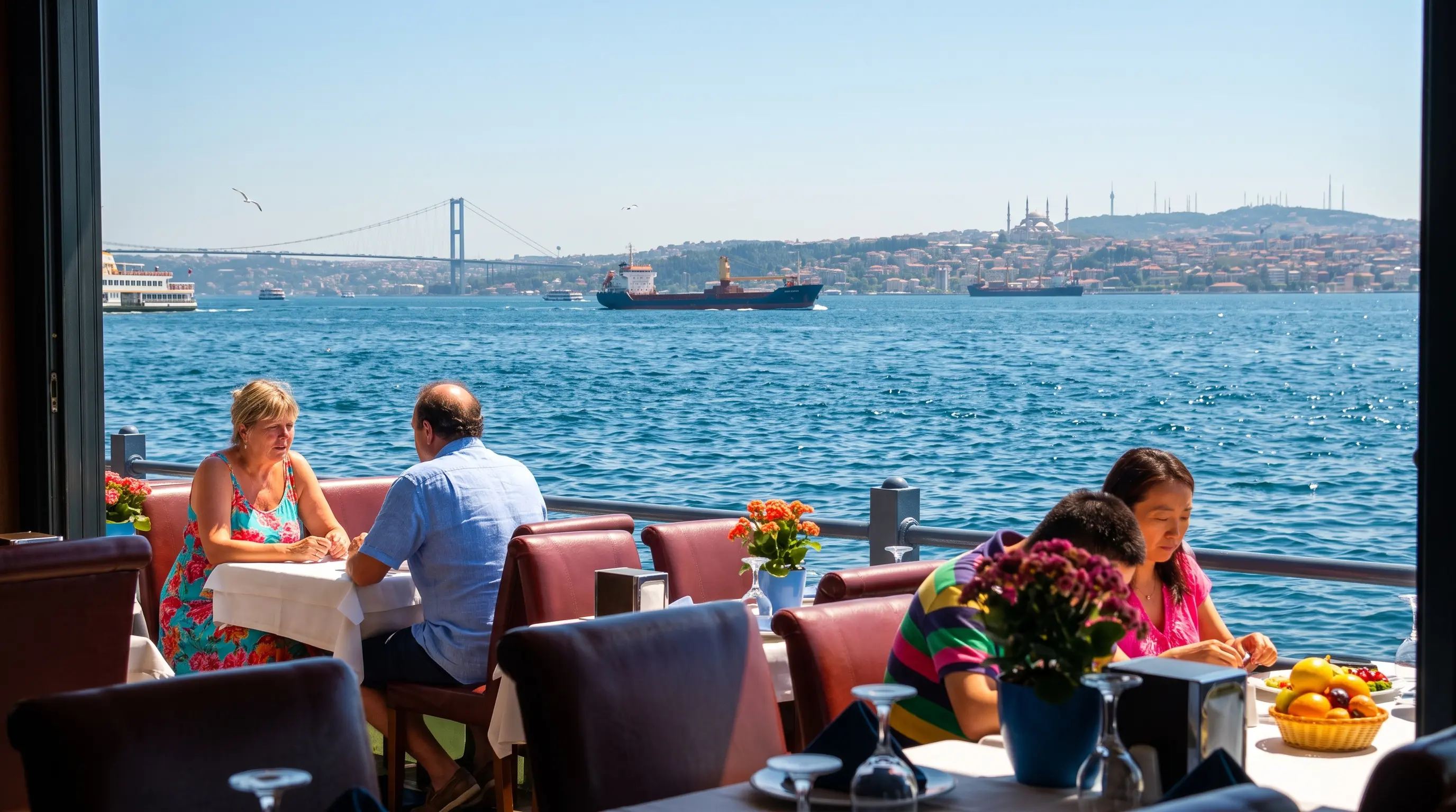 Yıldızlar Restaurant’ın deniz kenarındaki masalarından gündüz Boğaz manzarası