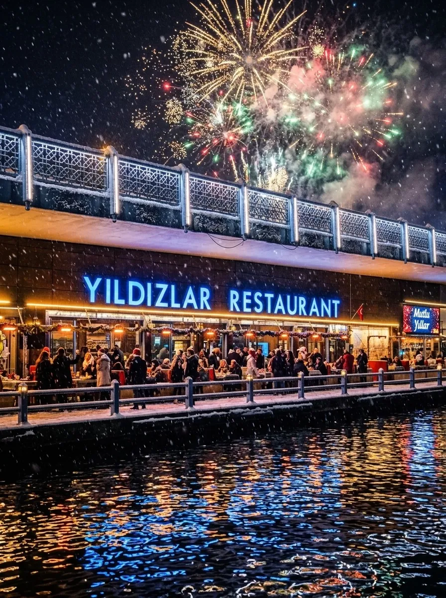 Gece ışıklarıyla Yıldızlar Restaurant, Galata Köprüsü’nün altında deniz kıyısında
